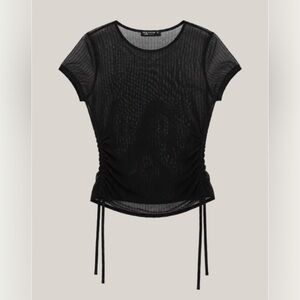 Black Sheer Mesh Top Ruched Side Ties Size XS